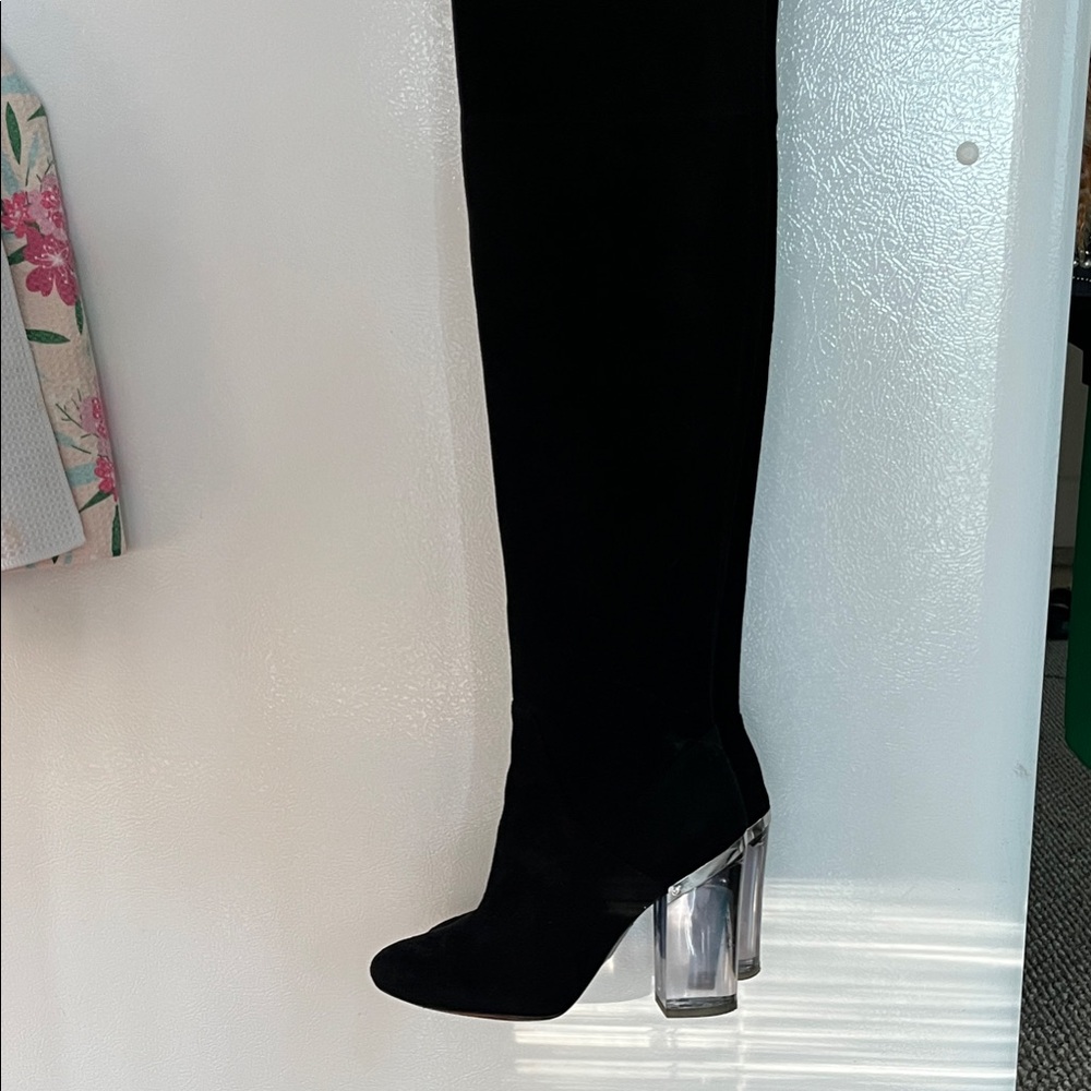 Elegant Black suede thigh-high Boots with Lucite Heel